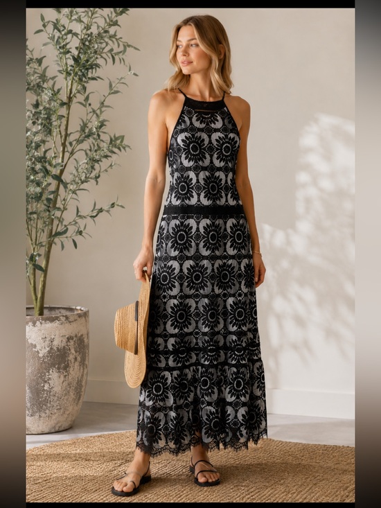 Banana Republic Dresses & Skirts - NWT Banana Republic Floral Lace Overlay Halter Maxi Tiered Dress - Black & White